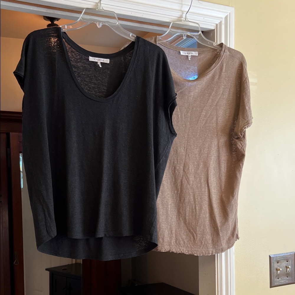Frame linen cap sleeve tees, size M, black and tan